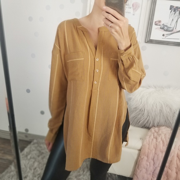 Fall Mustard Stripe Tunic Shirt Leggings Button Up Top Women’s Long Tops - Picture 4 of 8